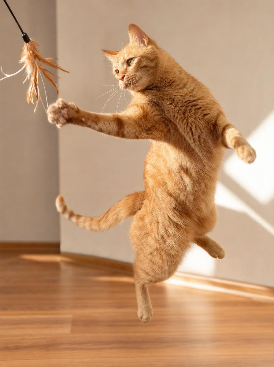 A cat batting at a feather wand in warm afternoon window light, mid-leap